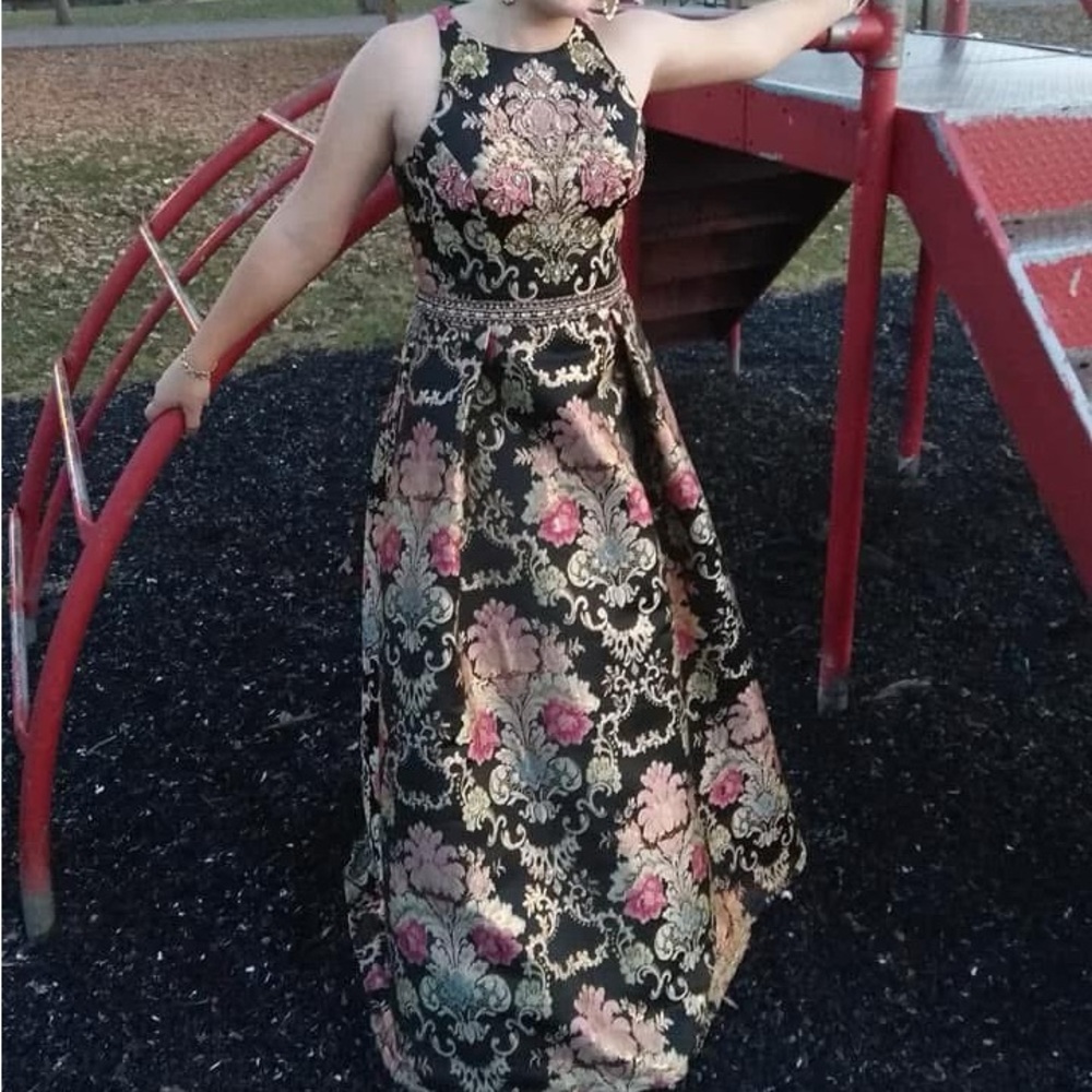 Jovani Ornate Beaded Black and Gold Halter Prom Dress - Picture 15 of 16